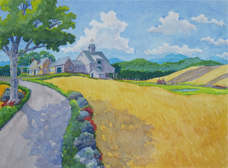 Field view of a farmer on his tractor going for his mid-day meal