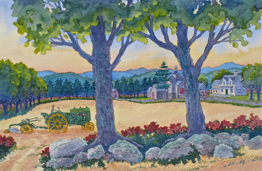 An old John Deere tractor and plough parked in a field next to the Victorian farm in the distance.