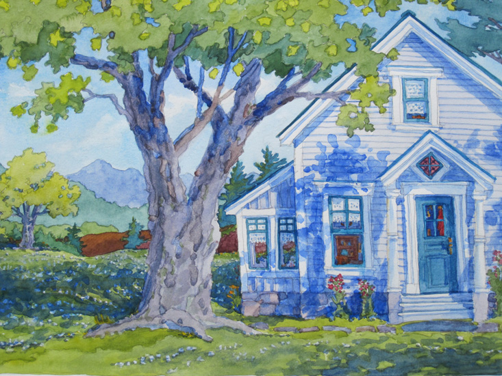 A large maple tree shadows a white farmhouse.