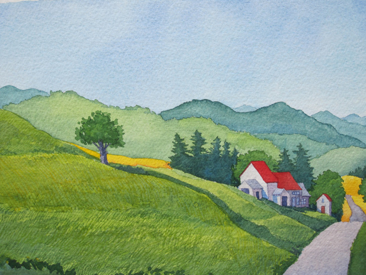 Farm buildings with red roofs nestle against the hilly summer fields of the Eastern Townships of Quebec. 