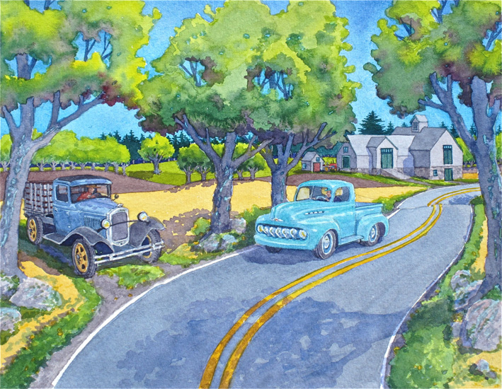 Road and barn view of a ’29 Ford stake truck and a 1951 ford pickup hot rod.