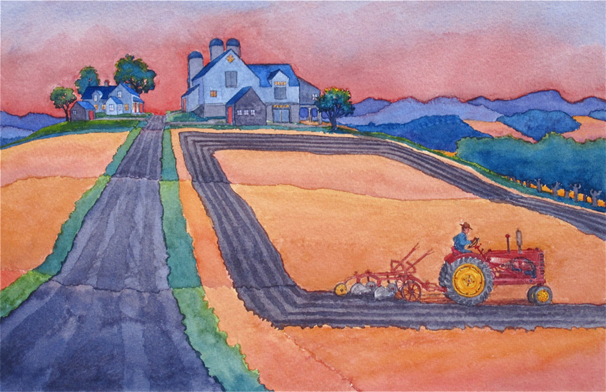 A Massey-Harris ploughs a summer field late at sunset.