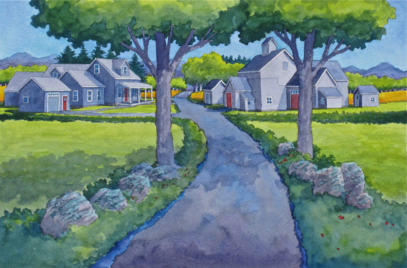 A road view through two maples splits the farmhouse and barn.