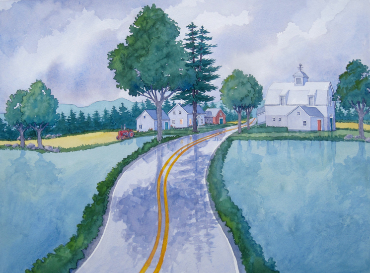 Along a Rain Soaked Road towards a Farm with a Tractor alongside.