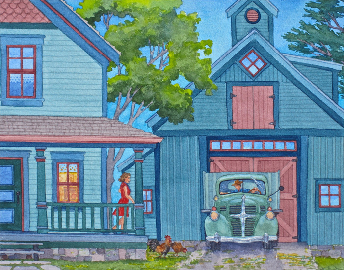 Sunrise at a Victorian Farm as the farmer waves good-bye to his wife from the Dodge stake truck.