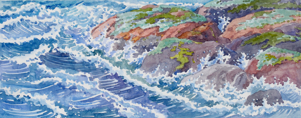 Waves Splashing against a large shoreline Rock.