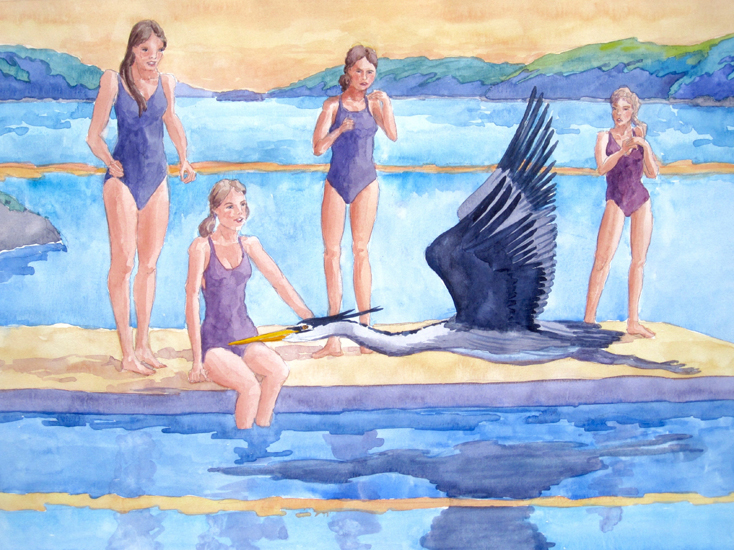 The Great Blue Heron surprises Swimmers.