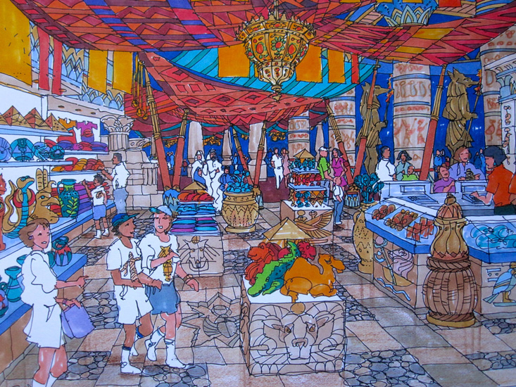 In the antiquities zone of a proposed theme park, a retail store sells souvenirs with an Egyptian theme.